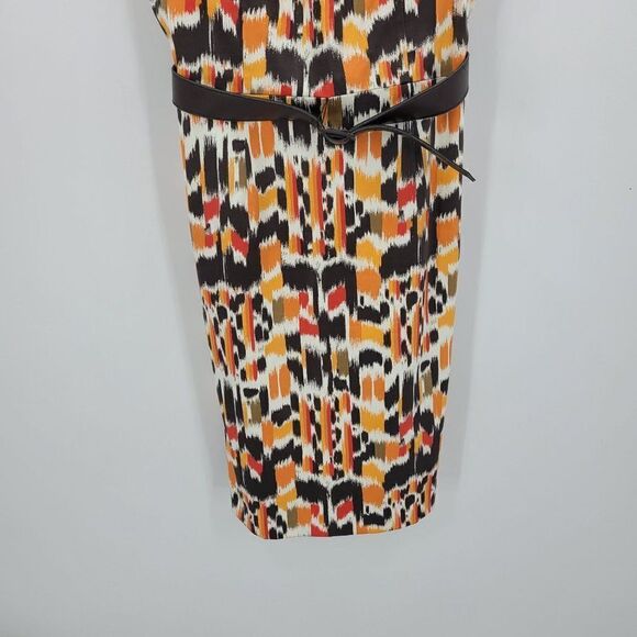 Vintage 90s Sleeveless Boatneck Sheath Dress 10 Orange Brown Abstract Mod USA - Picture 6 of 13